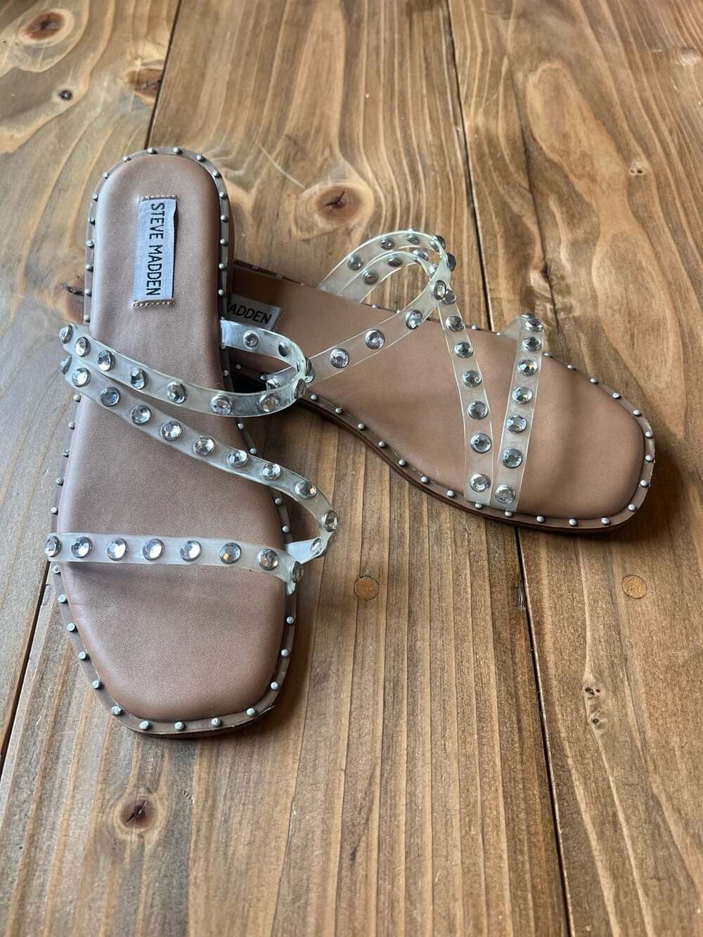 Steve Madden Selina Tan Studded Clear Strappy Slide Sandals